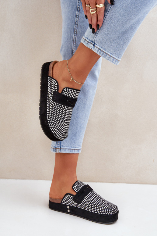 Pantofole da donna Decorato Cyrkoniami con una piattaforma colore nero Deorani