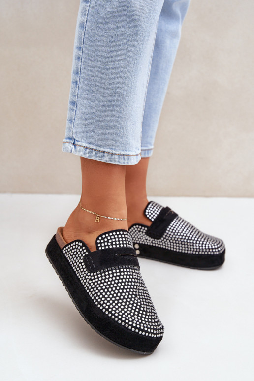 Pantofole da donna Decorato Cyrkoniami con una piattaforma colore nero Deorani