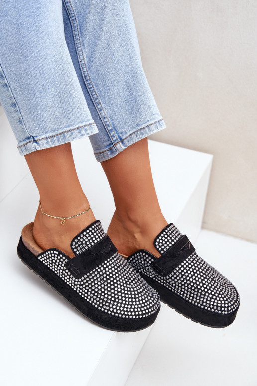 Pantofole da donna Decorato Cyrkoniami con una piattaforma colore nero Deorani
