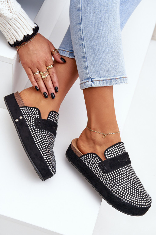 Pantofole da donna Decorato Cyrkoniami con una piattaforma colore nero Deorani