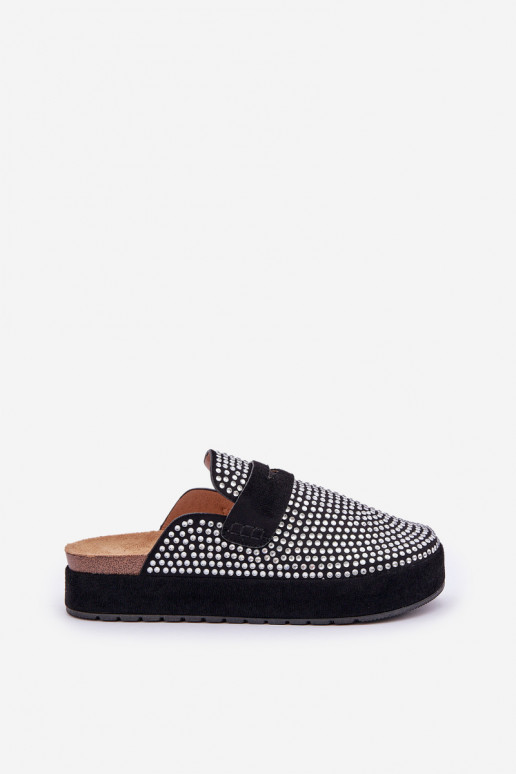 Pantofole da donna Decorato Cyrkoniami con una piattaforma colore nero Deorani