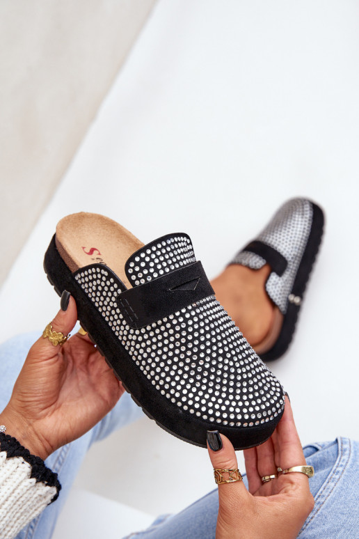 Pantofole da donna Decorato Cyrkoniami con una piattaforma colore nero Deorani