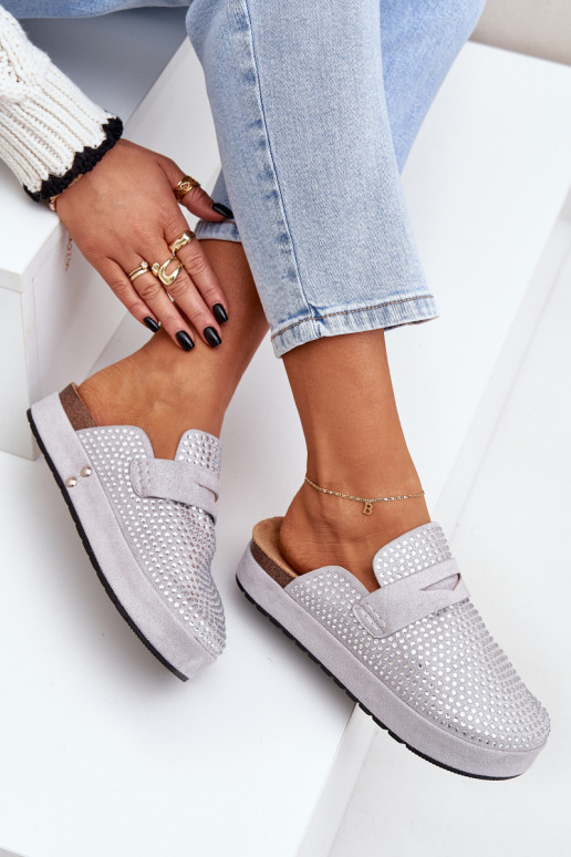 Pantofole da donna Decorato Cyrkoniami con una piattaforma colore grigio Deorani