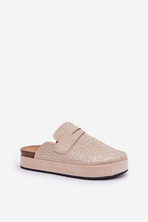 Pantofole da donna Decorato Cyrkoniami con una piattaforma beige Deorani