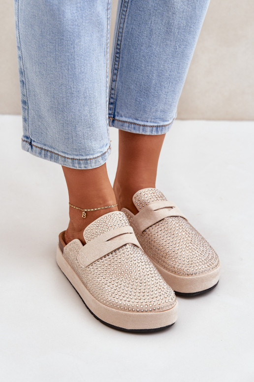 Pantofole da donna Decorato Cyrkoniami con una piattaforma beige Deorani