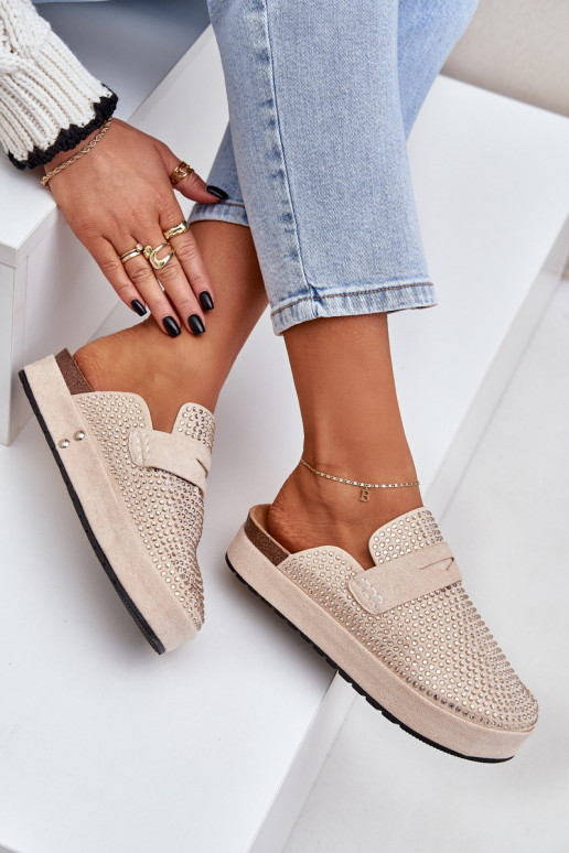 Pantofole da donna Decorato Cyrkoniami con una piattaforma beige Deorani