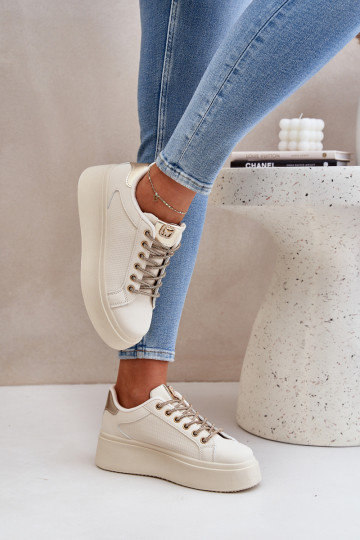 Scarpe modello sneakers con una piattaforma Con decorazionii SznuróAkami beige Fonetha
