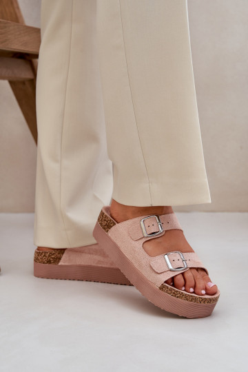 Pantofole da donna con una piattaforma con fibbie colore rosa Aramia 2