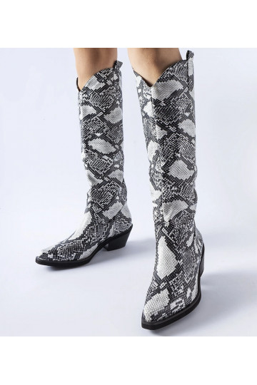 Stivali da cowboy Chapin con stampa serpente in bianco e nero