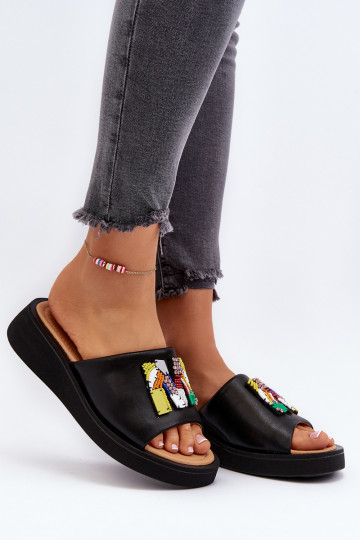 Pantofole in pelle Femminile con ornamenti colore nero Asames 2