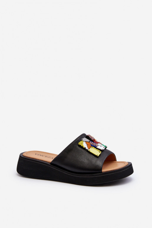 Pantofole in pelle Femminile con ornamenti colore nero Asames