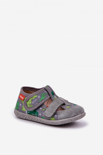 Pantofole Milami per bambini elastiche con chiusura adesiva IN Dinozaurasai color grigio-verde Reathiana