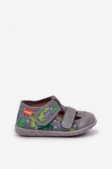 Pantofole Milami per bambini elastiche con chiusura adesiva IN Dinozaurasai color grigio-verde Reathiana 2