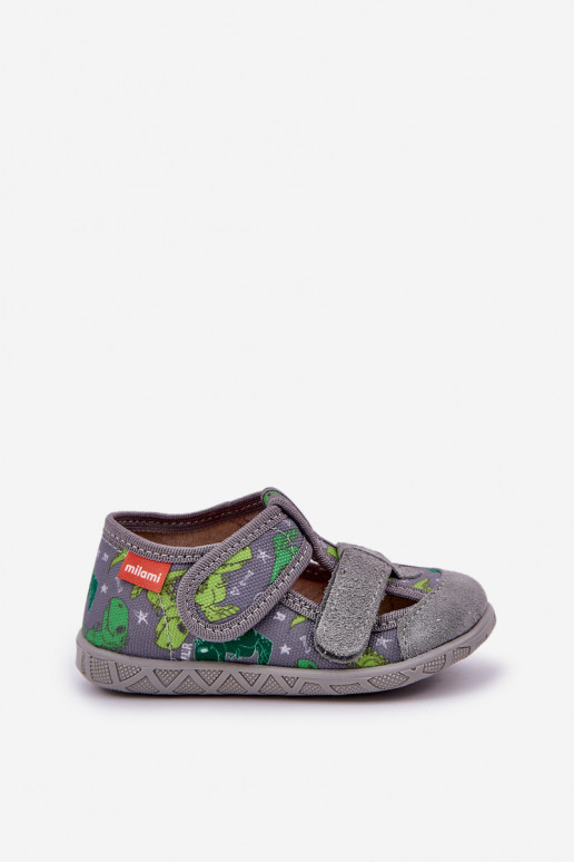 Pantofole Milami Infantile con chiusure adesive IN Dinosauri grigio-colore verde Reathiana