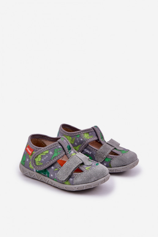 Pantofole Milami Infantile con chiusure adesive IN Dinosauri grigio-colore verde Reathiana