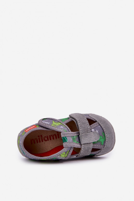 Pantofole Milami Infantile con chiusure adesive IN Dinosauri grigio-colore verde Reathiana