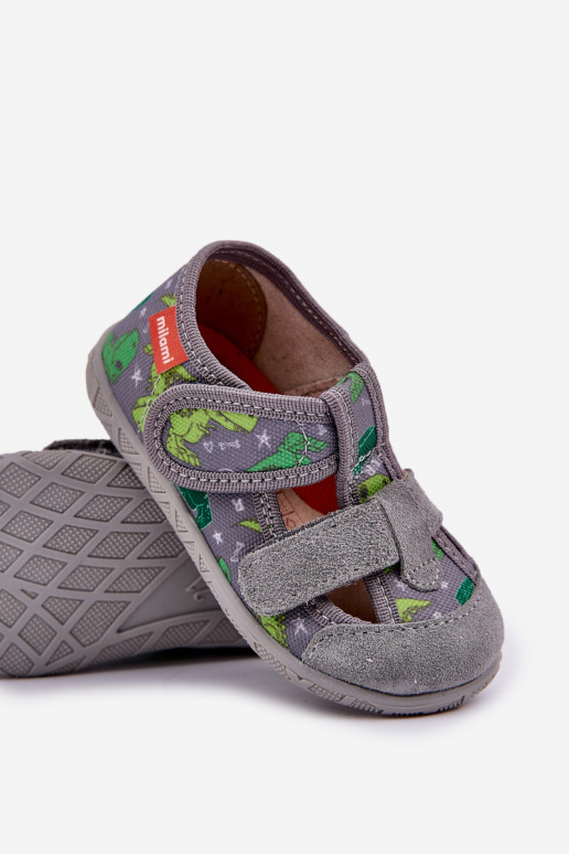Pantofole Milami Infantile con chiusure adesive IN Dinosauri grigio-colore verde Reathiana