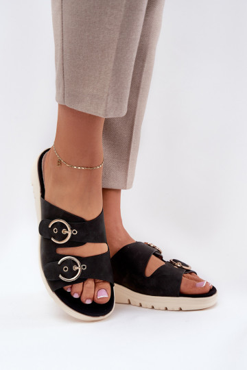  Pantofole da donna Su un cuneo con fibbie colore nero Hellexia 2