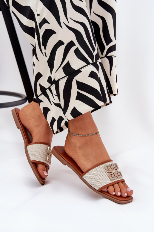 Stile elegante Pantofole da donna con ornamenti con tacchi larghi colore marrone Lovehia