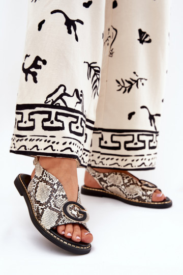Sandali bassi con ornamenti modelli di serpenti beige-colore marrone Haliones
