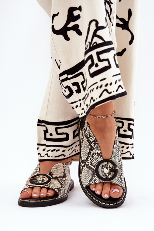 Sandali bassi con ornamenti modelli di serpenti beige-colore marrone Haliones