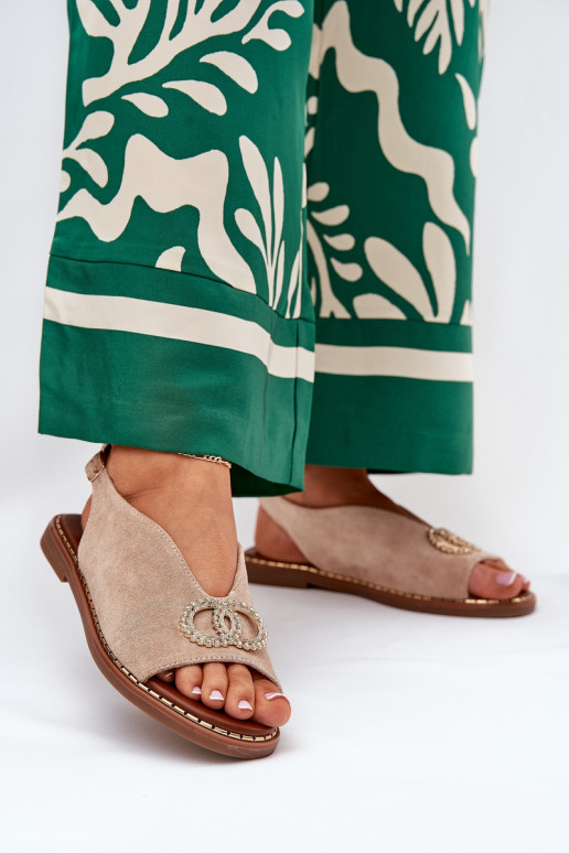 Sandali da donna con ornamenti con tacchi larghi in ecopelle scamosciataoAe beige Ralisses