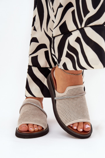 Pantofole da donna con tacco a zeppa e fascia decorativa color sabbia TeriĮes 2