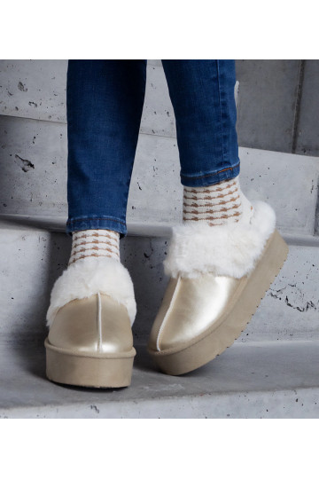 Pantofole dorate con piattaforma decorate in pelliccia con elastico sul tallone Asza 2