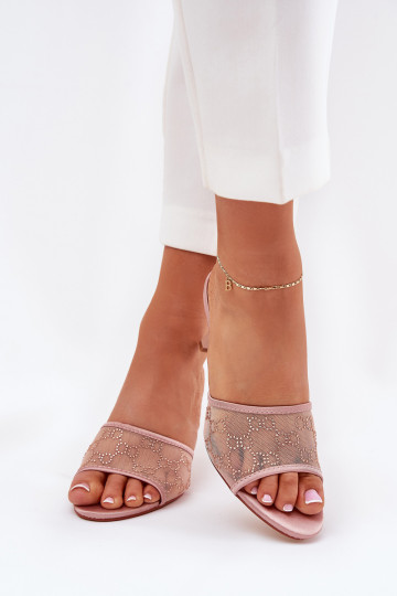 Pantofole decorate con tacco sottile color champagne Ennoriel