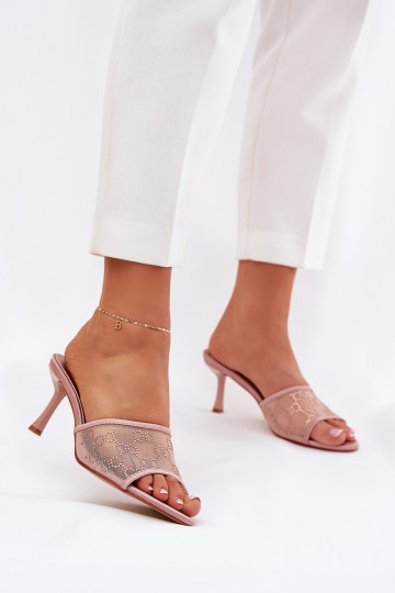 Pantofole decorate con tacco sottile color champagne Ennoriel 2
