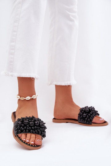 Pantofole femminili flat con perline decorative nere Aricca
