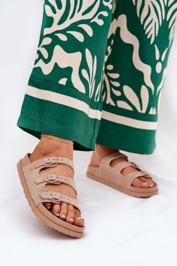 Pantofole da donna con strisce I con fibbiemi beige Uliri