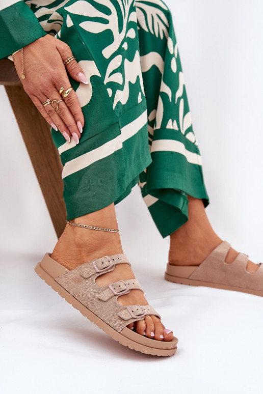 Pantofole da donna con strisce I con fibbiemi beige Uliri