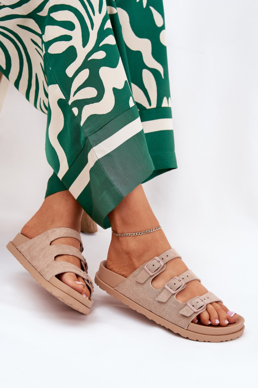 Pantofole da donna con strisce I con fibbiemi beige Uliri