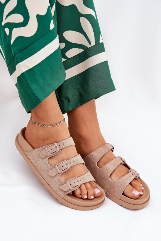 Pantofole da donna con strisce I con fibbiemi beige Uliri