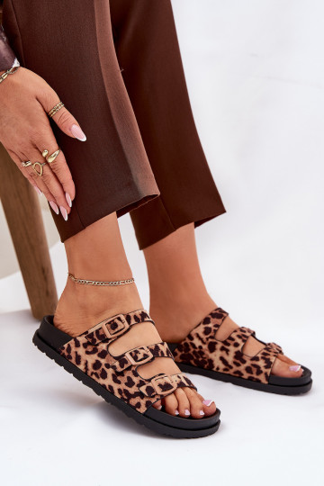 Infradito per donna con cinturini e fibbie con motivo leopardato colore marrone Uliri