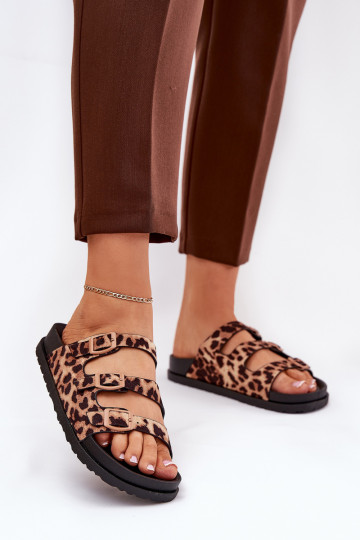 Pantofole da donna con strisce I con fibbiemi con motivi di pelliccia di leopardo colore marrone Uliri 2