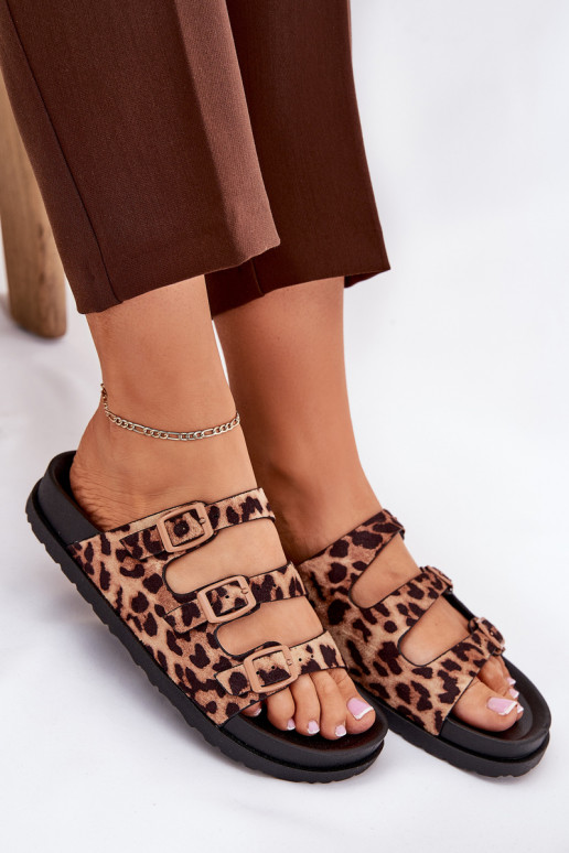 Pantofole da donna con strisce I con fibbiemi con motivi di pelliccia di leopardo colore marrone Uliri