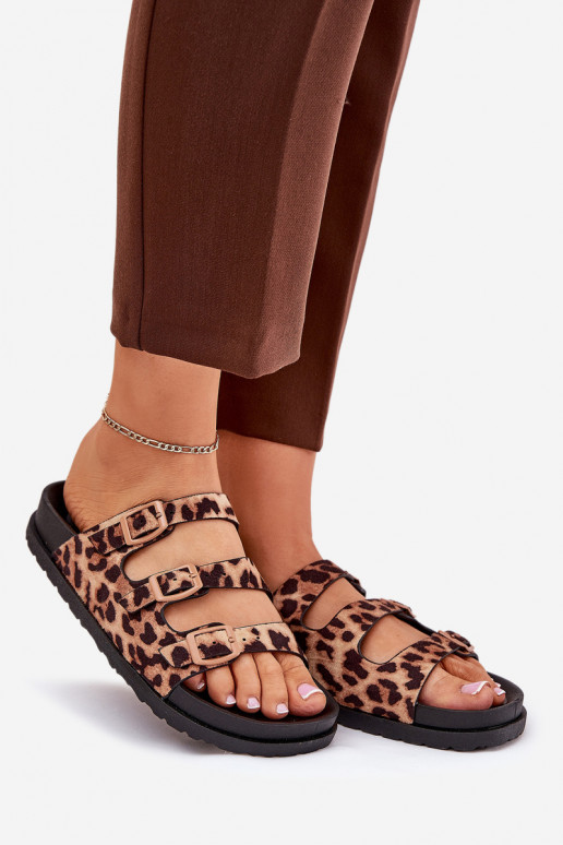 Pantofole da donna con strisce I con fibbiemi con motivi di pelliccia di leopardo colore marrone Uliri