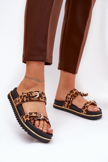 Pantofole da donna con motivi di pelliccia di leopardo con una piattaforma con strisce I con fibbiemi colore marrone Ziferte 2