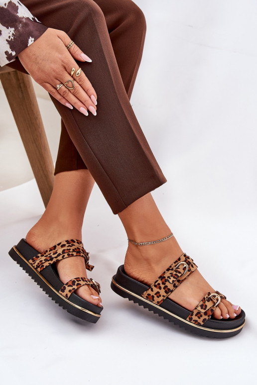 Pantofole da donna con motivi di pelliccia di leopardo con una piattaforma con strisce I con fibbiemi colore marrone Ziferte