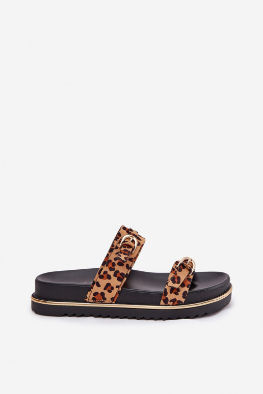 Pantofole da donna con motivi di pelliccia di leopardo con una piattaforma con strisce I con fibbiemi colore marrone Ziferte