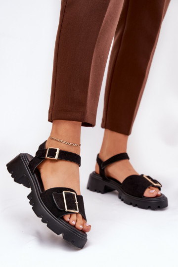 Eko Sandali da donna in camoscio con fibbie colore nero Gofielle