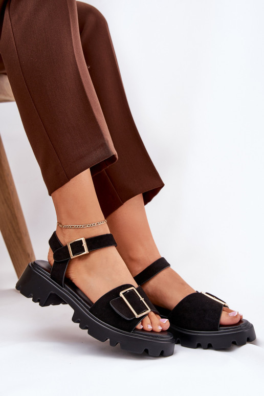 Eko Sandali da donna in camoscio con fibbie colore nero Gofielle