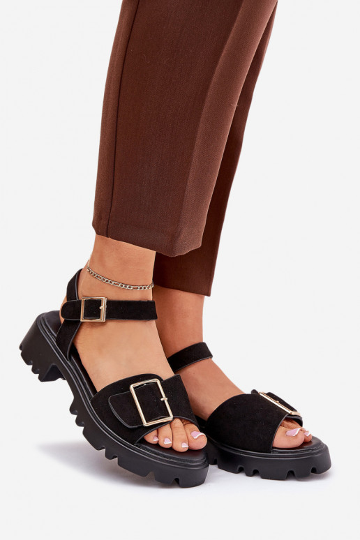 Eko Sandali da donna in camoscio con fibbie colore nero Gofielle