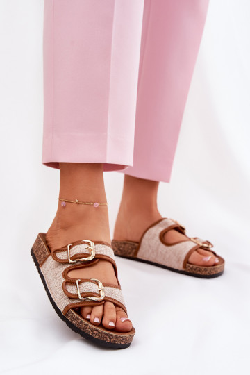 Infradito da donna con piattaforma e fibbie color marrone 2