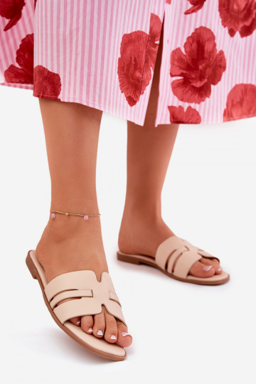 Infradito da donna con tacco largo e ritagli in eco pelle color sabbia 2
