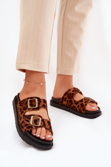 Infradito da donna con stampa leopardata con piattaforma e fibbie color marrone