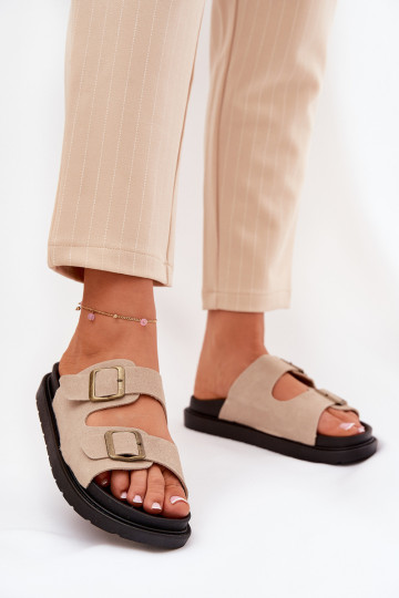 Pantofole da donna con una piattaforma con fibbie beige Simbes 2