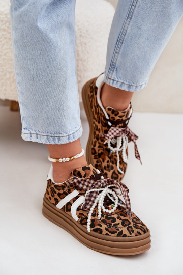 Scarpe sportive modello batai donna con stampa leopardata e piattaforma con dettagli eleganti marroni Vinness 2